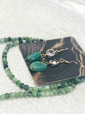 Jade-Tone Beaded Necklace With Beautiful Drop Earrings- SET